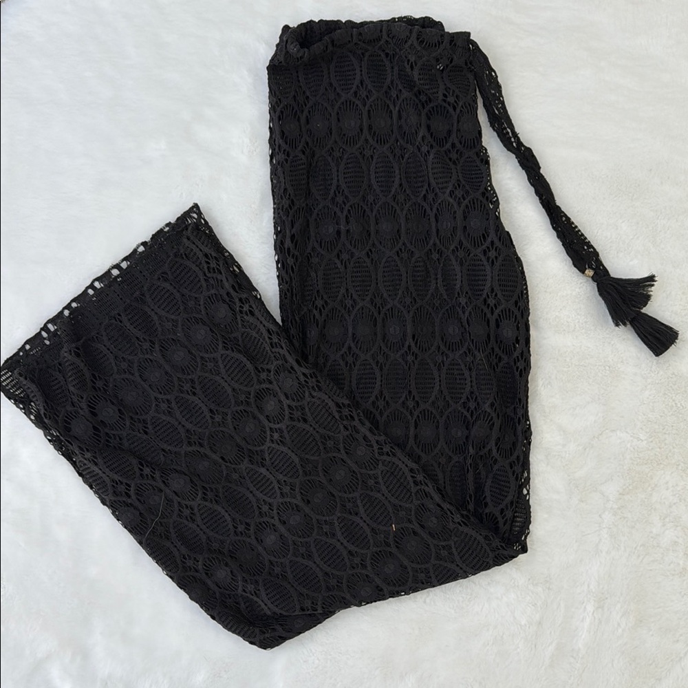 BECCA black Beach Crochet Pants with Tassel Tie